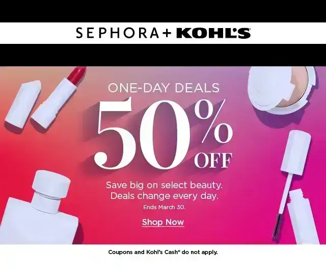 one day deals 50% off. save big on select beauty. deals change every day. shop now.