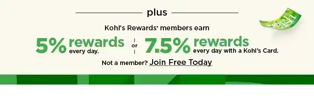 plus kohl's rewards members earn 5% rewards every day or 7.5 rewards every day with a kohl's card. not a member? join free today.