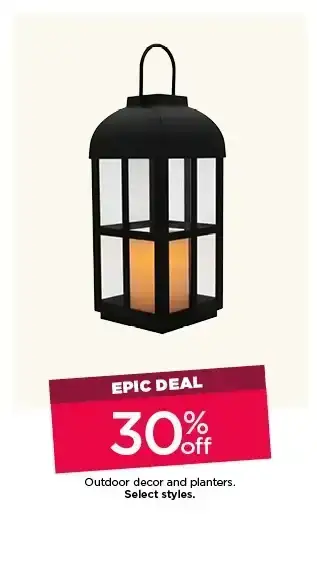 Epic deal. 30% off outdoor decor and planters. Select styles.