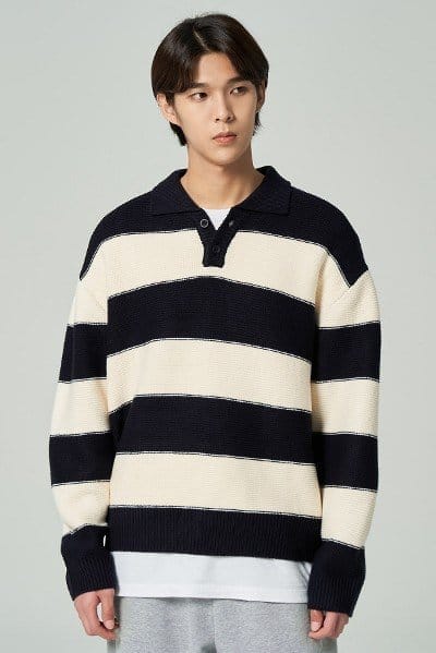 Image of Board Stripes Collar Neck Knit Black