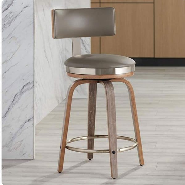 Tilden 26 in. High Wood and Gray Leather Swivel Seat Counter Stool