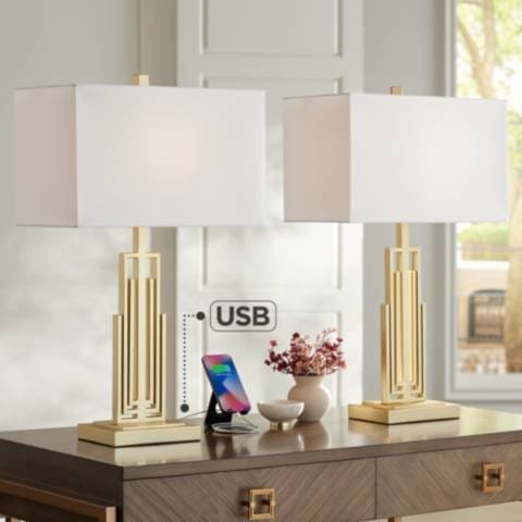 360 Lighting Sonia 29 1/2" Rectangular Gold USB Table Lamps Set of 2