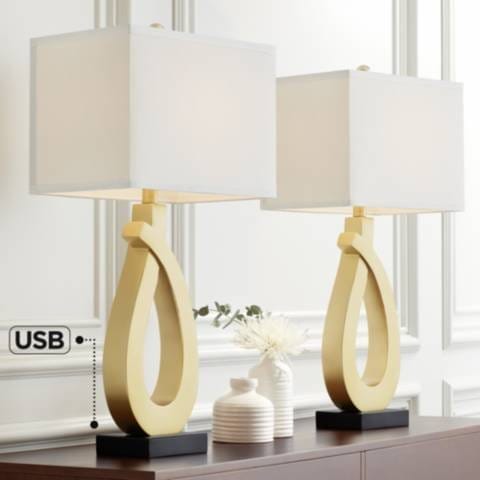 360 Lighting Simone 28" Gold Loop Table Lamps Set of 2 with USB Ports