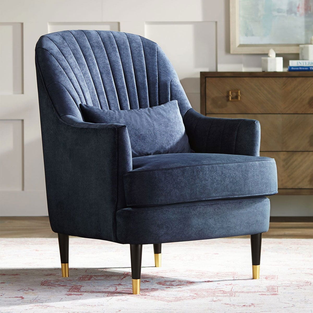 Austen Navy Velvet Tufted Armchair with Pillow