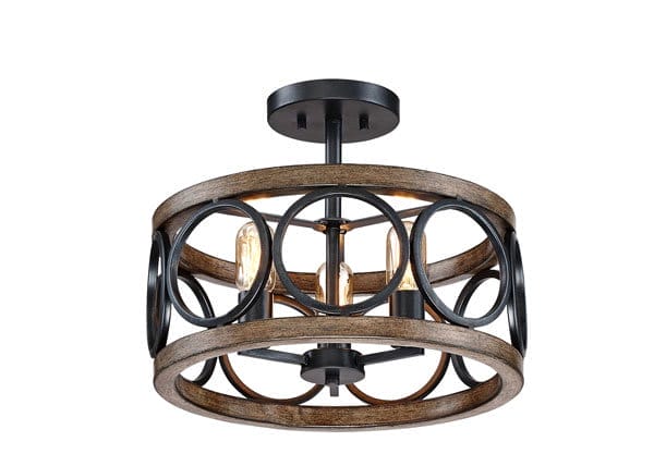 Franklin Iron Salima 16" Black and Wood 3-Light LED Ceiling Light