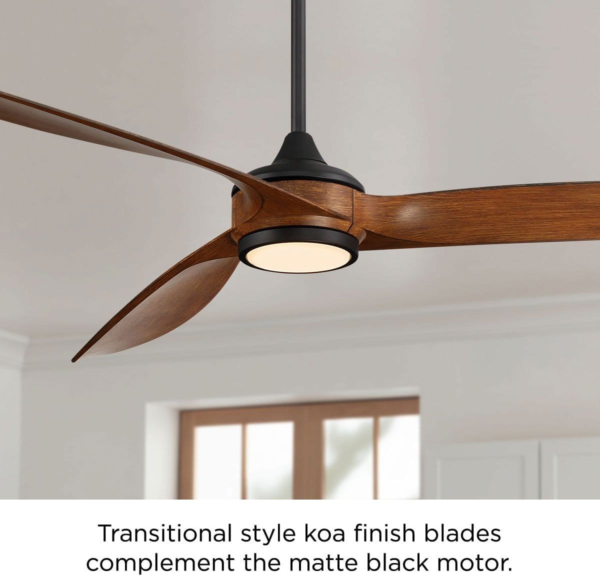 Transitional style koa finish blades compliment the matte black motor.