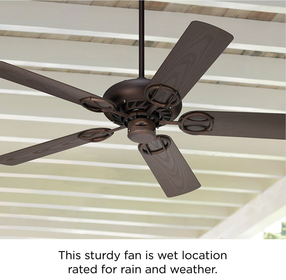 This sturdy fan is wet location rated for rain and weather.