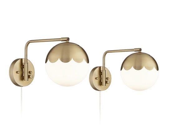 360 Lighting Kelowna Brass Glass Globe Plug-In Swingarm Wall Lamps Set of 2