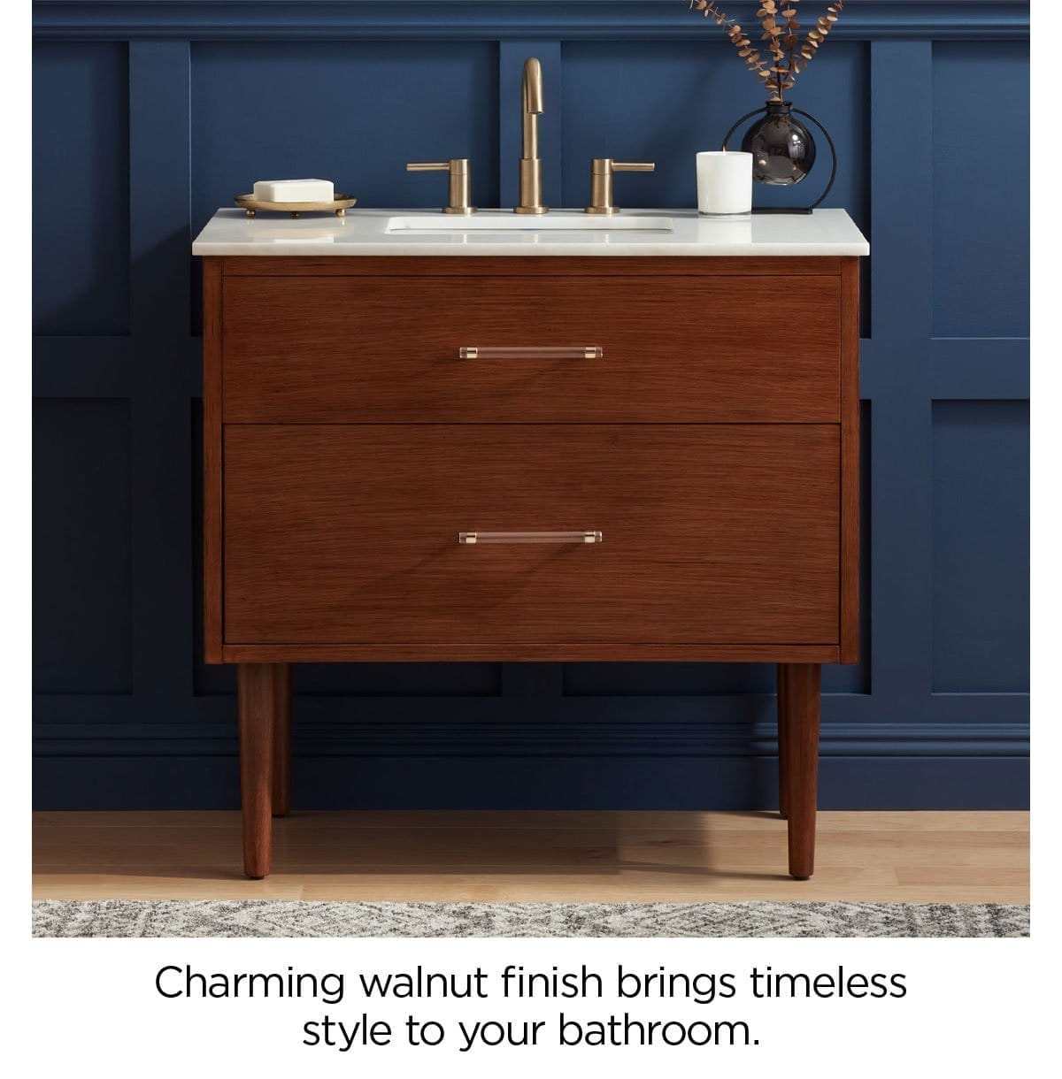 Charming walnut finish brings timeless style to your bathroom.