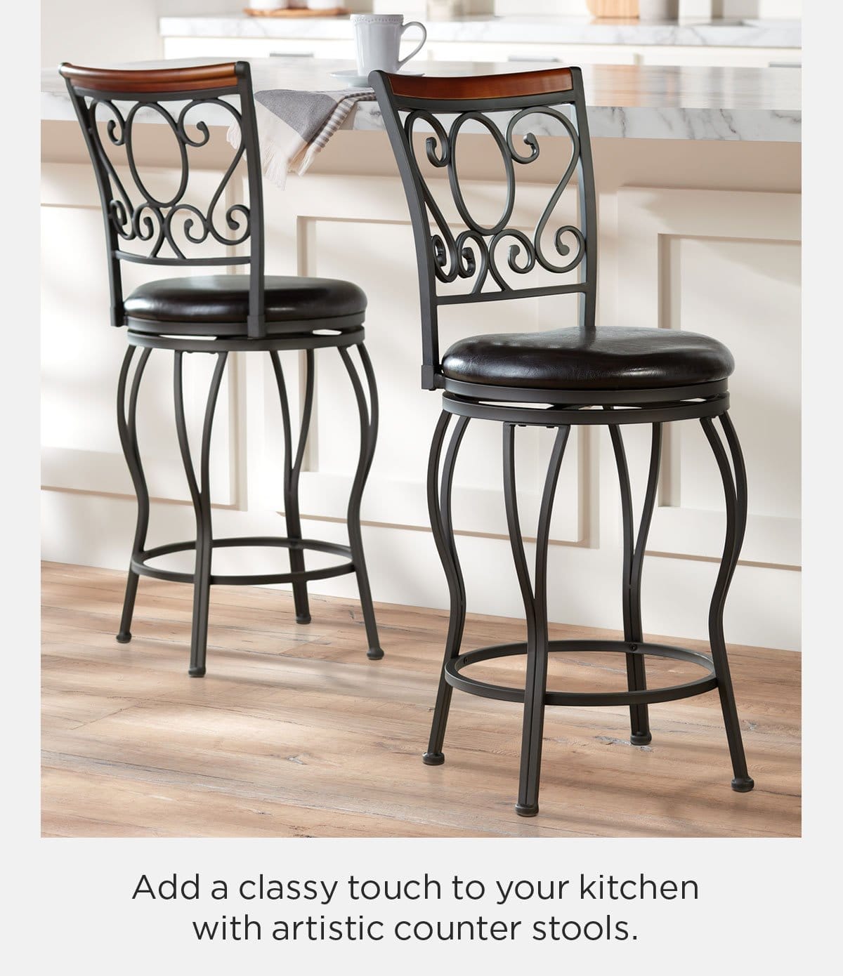 Add a classy touch to your kitchen with artistic counter stools.