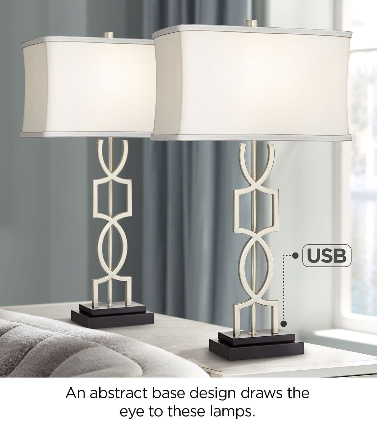 An abstract base design draws the eye to these lamps.
