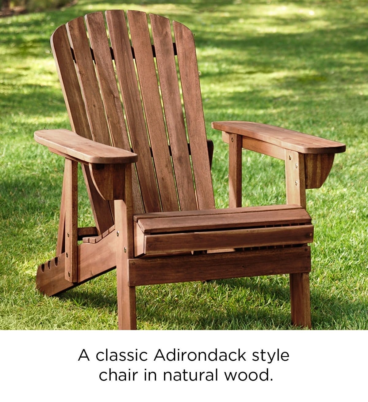 A classic Adirondack style chair in natural wood.