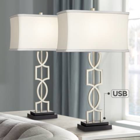 360 Lighting Evan Brushed Nickel Modern Luxe USB Table Lamps Set of 2