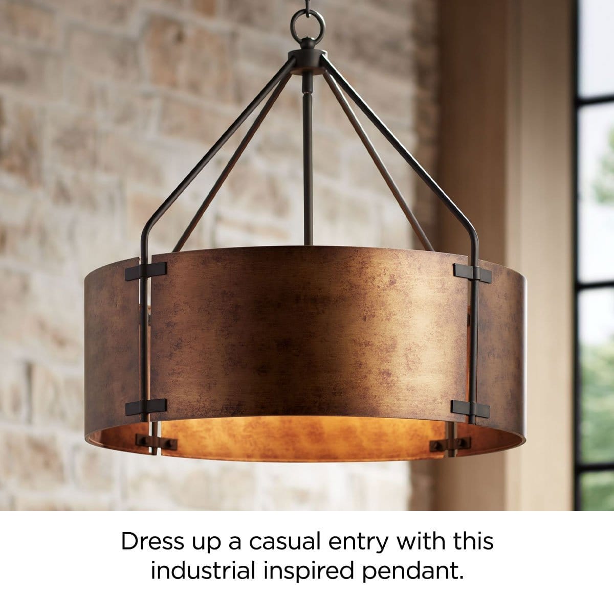 Dress up a casual entry with this industrial inspired pendant.