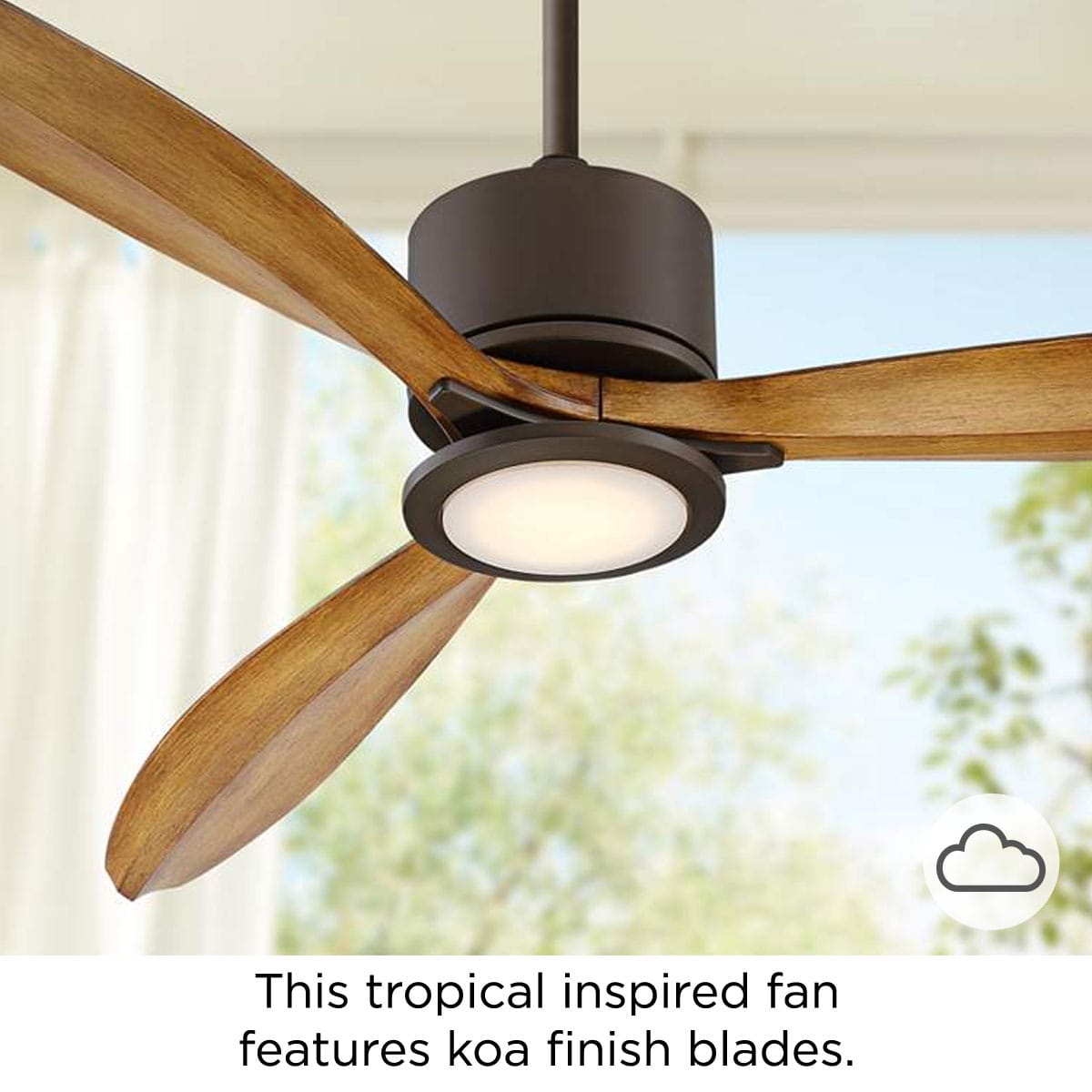 This tropical inspired fan features koa finish blades.