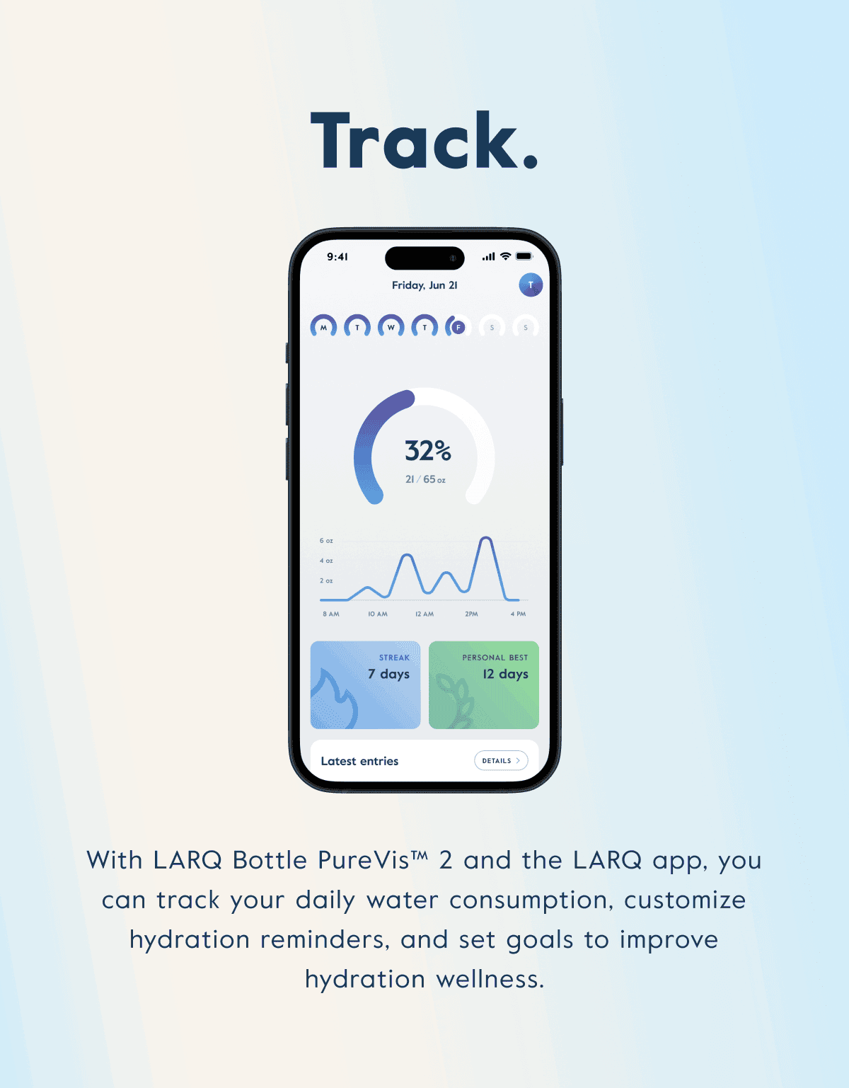 Track daily water consumption with LARQ Bottle PureVis™ 2 and the LARQ app.