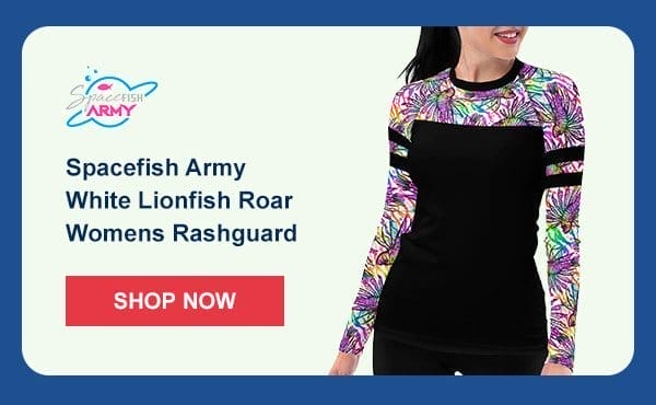 Spacefish Army White Lionfish Roar Womens Rash Guard | Shop Now