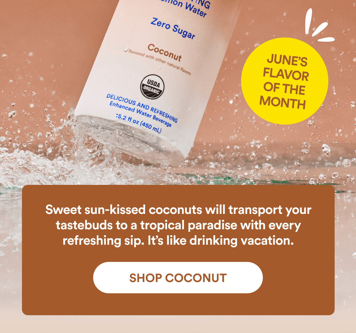 JUNE'S FLAVOR OF THE MONTH | Sweet sun-kissed coconuts will transport your tastebuds to a tropical paradise with every refreshing sip. It’s like drinking vacation. | SHOP COCONUT