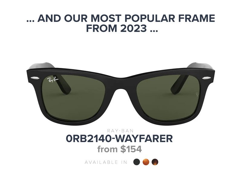 ... And our most popular frame from 2023 ... - Ray-Ban - 0RB2140-Wayfarer from \\$154 - Available in 3 colors