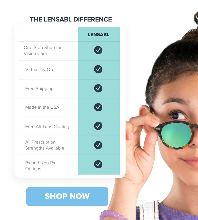 The Lensabl Difference - One-stop-shop for vision care, Virtual Try-On, Free Shipping, Made in the USA, Free AR Lens Coating, All Prescription Strengths Available and Rx and Non-Rx Options. SHOP NOW