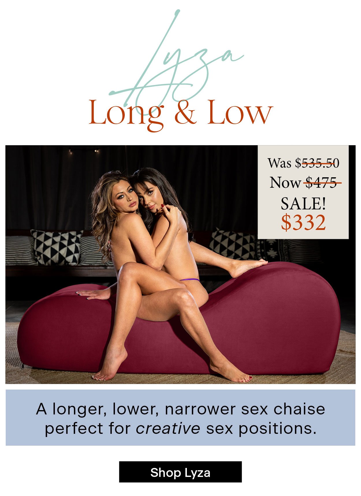 Lyza Long & Low a longer, lower, narrower sex chaise perfect for creative sex positions