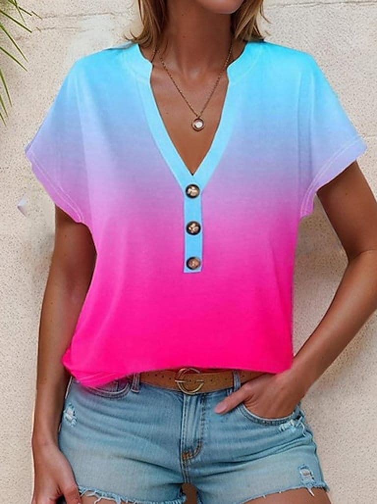 Women's T shirt Tee Ombre Color Gradient Daily Going out Print Yellow Short Sleeve Stylish V Neck Summer