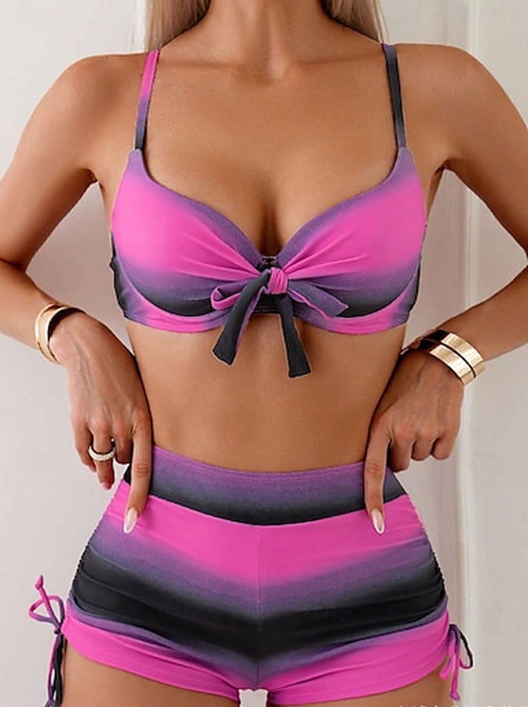 Women's Swimwear Bikini 2 Piece Swimsuit Tie Front Ombre Gradient Color Beach Wear Bathing Suits