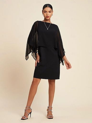 Women's Chiffon Black Dress Loose Cape Mini Dress Bodycon Dress