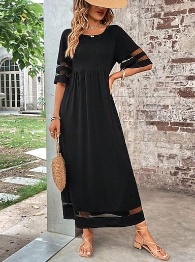 Women's Black Dress Maxi Dress Ruched Elegant Crew Neck Half Sleeve Black Color