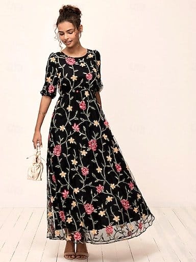 Women's Mesh Black Dress Floral Embroidered Crew Neck Puff Sleeve Maxi Dress Elegant Stylish Daily Vacation Short Sleeve Summer