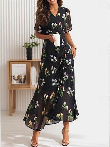 Women's Chiffon Floral Ruffle V Neck Flutter Sleeve Maxi Dress Elegant Daily Cocktail Party Summer