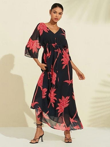 Women's Print Dress Maxi Dress Black 3/4 Length Sleeve Leaf Printing Flower / Plants Printing Spring & Summer V Neck Beach S M L