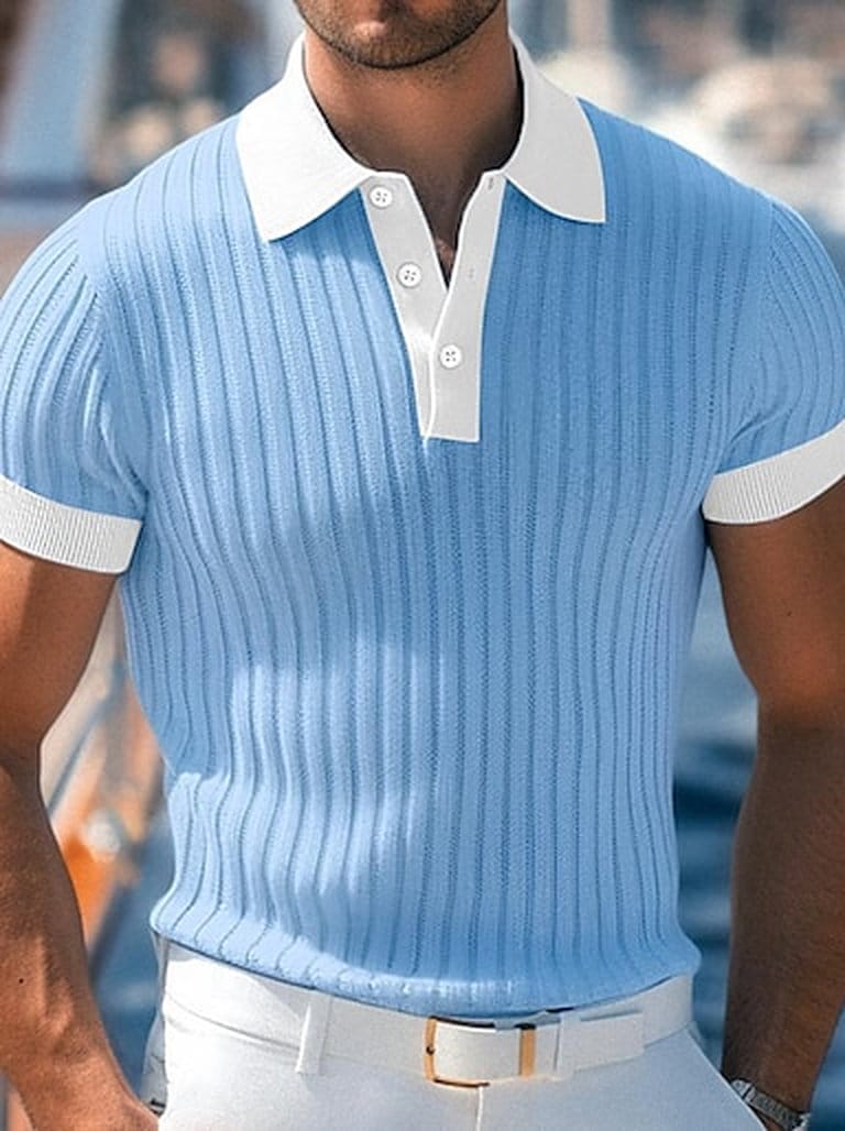 Men's Golf Shirt Knit Polo Work Casual Ribbed Polo Collar Classic Short Sleeve Basic Modern Color Block Ribbed Spring & Summer Regular Fit White Blue Green Gray Golf Shirt