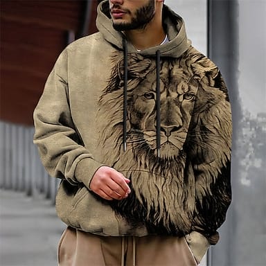 Graphic Lion Men's Fashion 3D Print Hoodie Sports Outdoor Holiday Vacation Hoodies Brown Green Long Sleeve Hooded Print Front Pocket Spring & Fall Designer Hoodie Sweatshirt