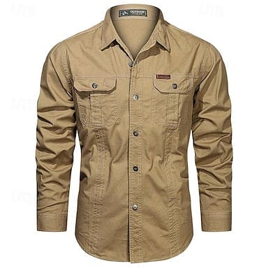 Men's Work Shirt Cargo Shirt Navy Blue khaki Light Grey Army Green Long Sleeve Plain Turndown Street Daily Front Pocket Clothing Apparel Fashion Casual Comfortable