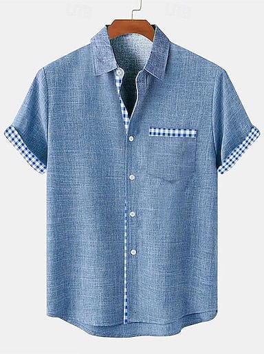 Men's 20% Linen Shirt Plaid Short Sleeves Turndown Blue, Green, khaki Shirt Home Holiday Daily Wear