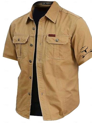 Cow Print Casual Men's Work Shirt Cargo Shirt Sports & Outdoor Camping & Hiking Going out Summer Spring Fold-over Collar Short Sleeve Army Green, Khaki, Dark Blue S, M, L 100% Cotton Shirt