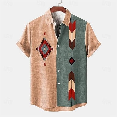 Men's 20%Linen+20%Cellulose+60%Polyester Shirt Tribal Southwestern Print Short Sleeve Turndown Pink, Blue, khaki Shirt Daily