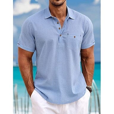 Men's Shirt Linen Shirt Popover Shirt Summer Shirt Beach Wear White Dark Navy Green Light Blue Short Sleeve Solid Color Collar Summer Spring Casual Daily Clothing Apparel