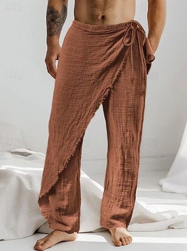 Men's Linen Pants Trousers Summer Pants Drawstring Elastic Waist Straight Leg Plain Comfort Breathable Full Length Casual Daily Holiday Fashion Classic Style White Brown