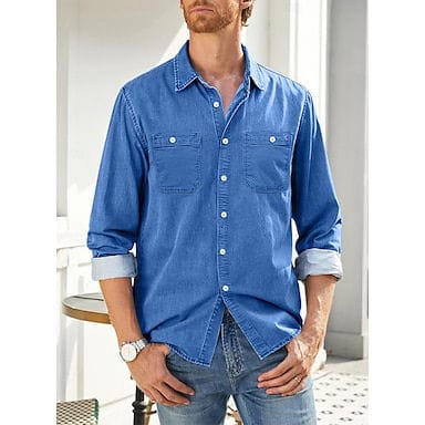 Men's Shirt Button Up Shirt Casual Shirt Jeans Shirt Denim Shirt Denim Blue Black Dark Navy Light Blue Long Sleeve Plain Collar Daily Vacation Clothing Apparel Fashion Casual