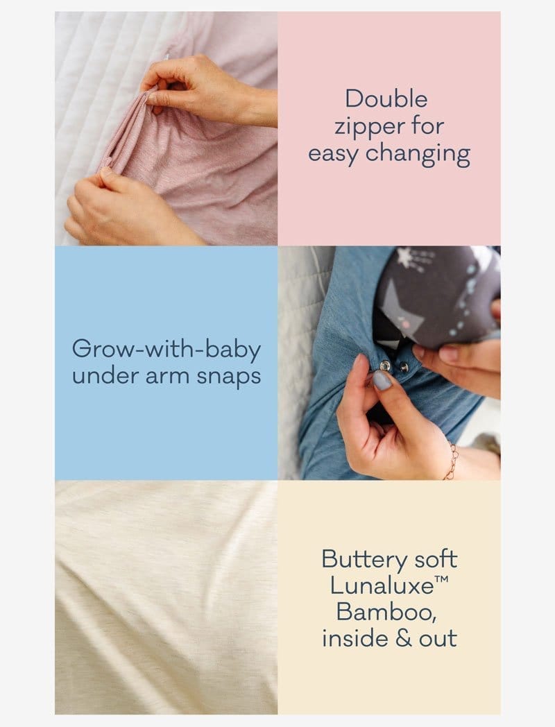 Double zipper for easy changing | Grow-with-baby underarm snaps | Buttery soft Lunaluxe Bamboo inside & out