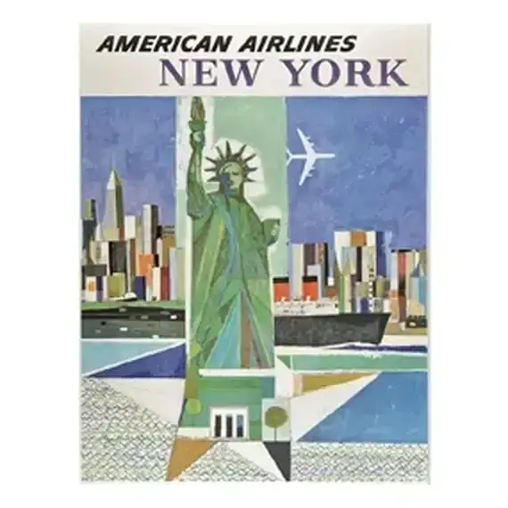Original 1960 Vintage Poster American Airlines New York Airline Travel Liberty Linen