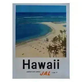 Japan Airlines Hawaii Vintage B2 Travel Poster 1958 Linen