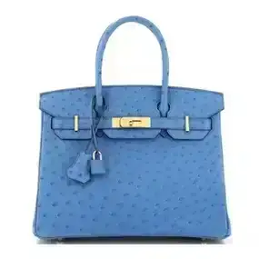 Hermes Birkin Handbag Blue Ostrich with Gold Hardware 30