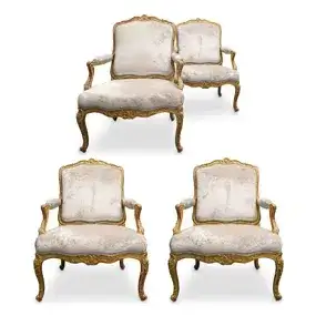 (4 Pc) Rare And Important French Regence Carved And Giltwood Armchairs