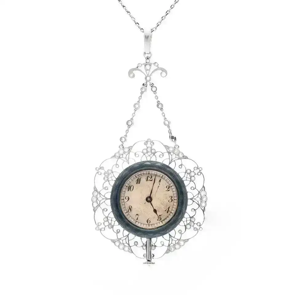 Edwardian Pendant Watch Necklace with Blue Enamel and Diamonds