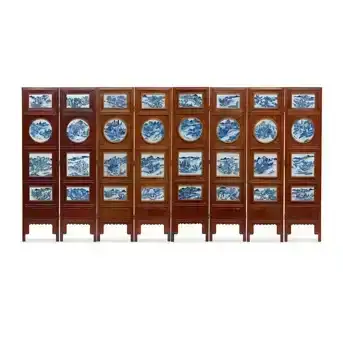 An Eight-Panel Blue and White Porcleain-Inset Screen