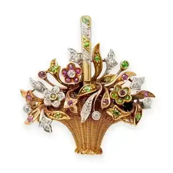 A Charming Edwardian Gold, Gem-Set, and Diamond Flower Basket Pendant/Brooch