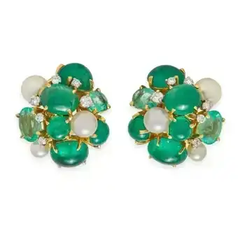 Seaman Schepps: A Pair of 18K Gold, Emerald, Cultured Pearl, and Diamond Earclips